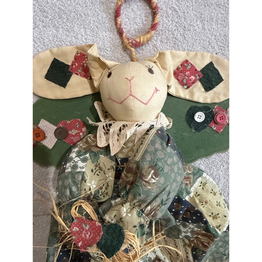 TL Toys Primitive Bunny Angel Wall Hanging Patchwork Fabric Wood Decor 18in